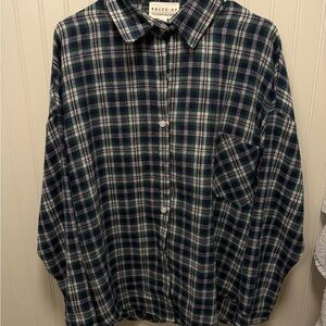Dress Barn Women's Navy and Green Plaid Button Down Shirt